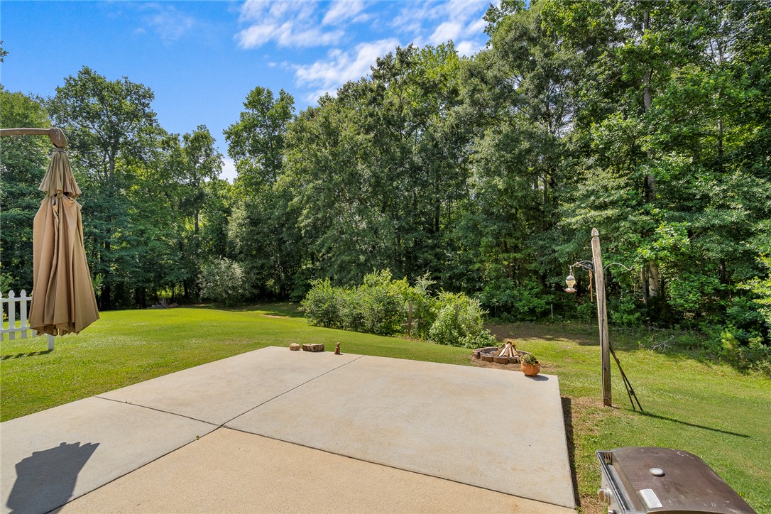 167 Mediterranean Avenue Anderson, SC 29621 - Photo 27 of 33 A spacious concrete patio extends into a verdant lawn, backed by a lush forest.