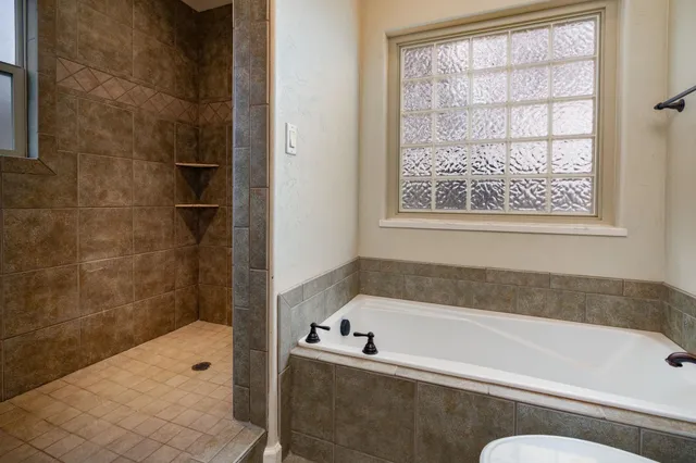a bathroom with a bathtub and a shower