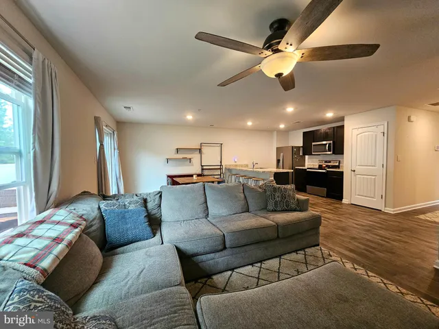 a living room with furniture and a ceiling fan