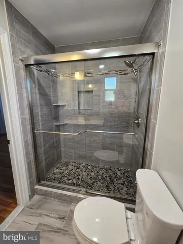 a bathroom with a shower and a toilet