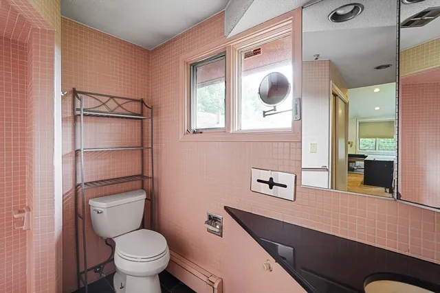 a bathroom with a toilet a sink and mirror