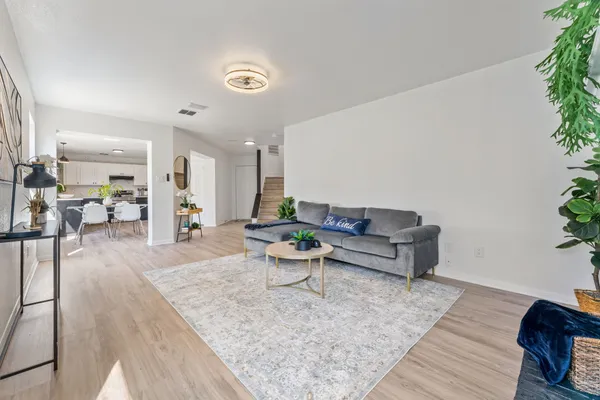 a living room with furniture and a potted plant