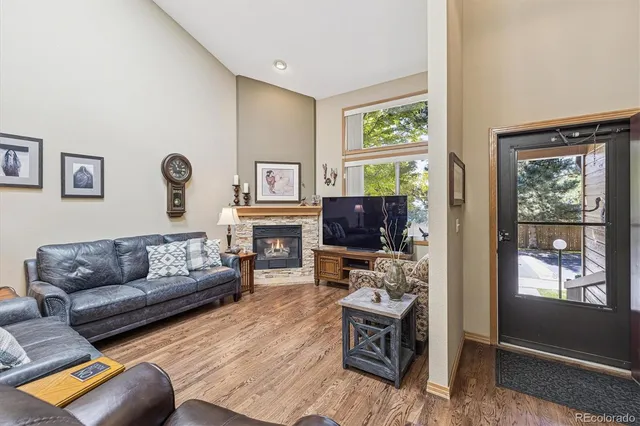 a living room with furniture a fireplace and a flat screen tv