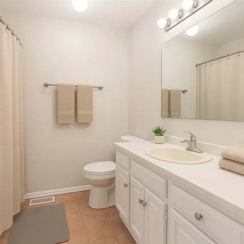 a bathroom with a toilet sink and mirror