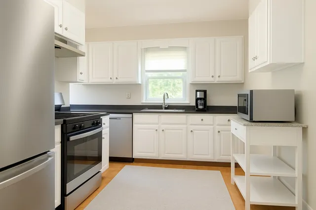 a kitchen with granite countertop white cabinets and white appliances