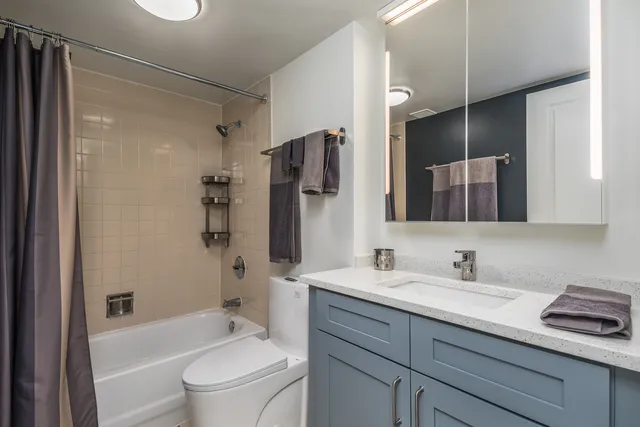 a bathroom with a bathtub shower sink vanity mirror and toilet