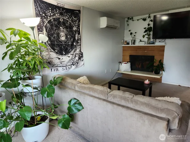 a living room with a couch and a potted plant