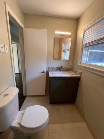 a bathroom with a sink a toilet a mirror and vanity