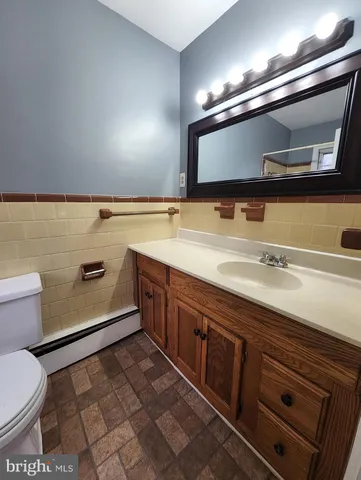 a bathroom with a sink a toilet and mirror