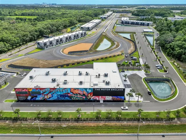 a aerial view of a swimming pool with lawn chairs and large trees