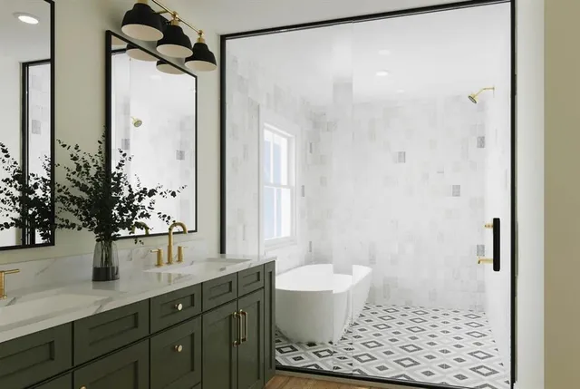 a bathroom with a granite countertop sink toilet a mirror a vanity and shower