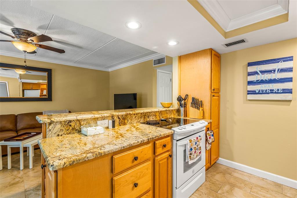 8911 Blind Pass Road, Unit 223 St. Pete Beach, FL 33706 - Photo 9 of 29 a kitchen that has a stove and a table