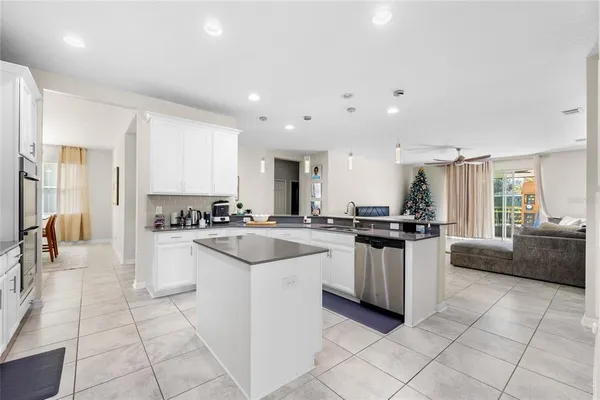 a kitchen with counter top space and appliances
