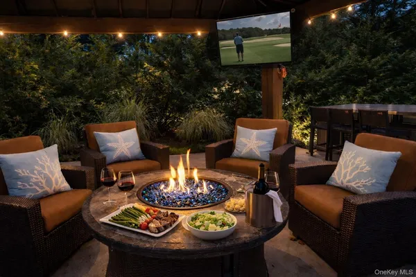 a outdoor living room with furniture and a potted plant