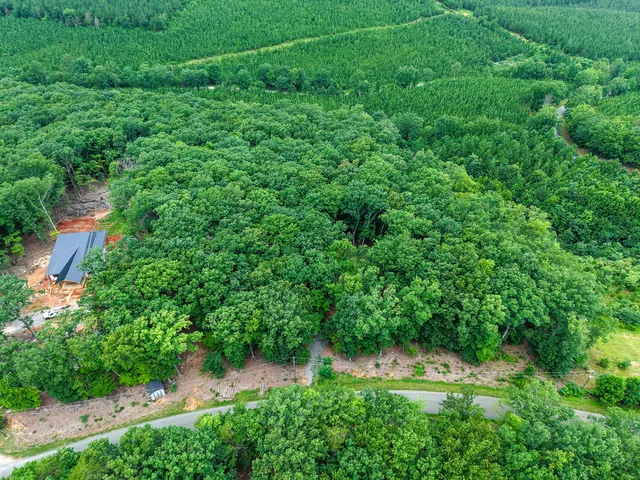 an aerial view of residential house with outdoor space and trees all around