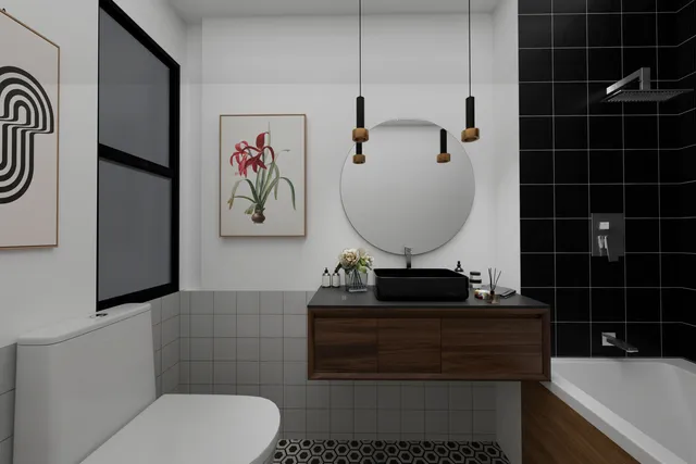 a bedroom with a bed and painting on the wall