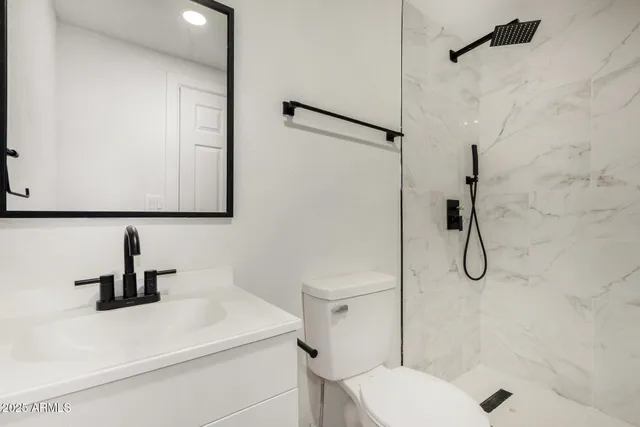 a bathroom with a toilet sink vanity and shower
