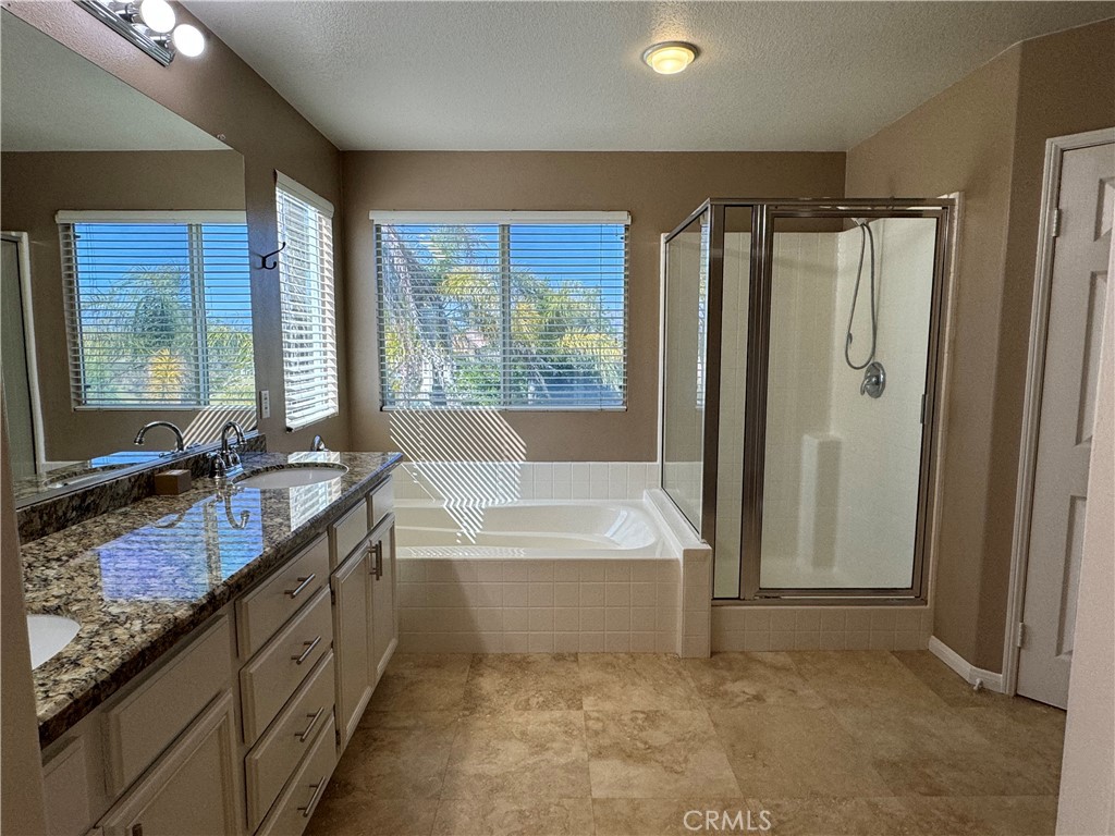 19562 Rotterdam Street Riverside, CA 92508 - Photo 9 of 11 a spacious bathroom with a double vanity sink a mirror a bathtub and next to a window