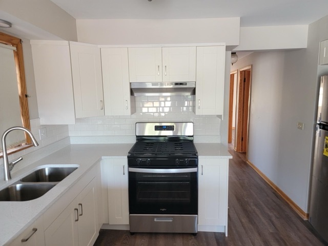 7824 West Addison Street, Unit 2 Chicago, IL 60634 - Photo 4 of 28 a kitchen with granite countertop white cabinets and stainless steel appliances
