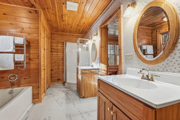 a bathroom with a bathtub and a shower