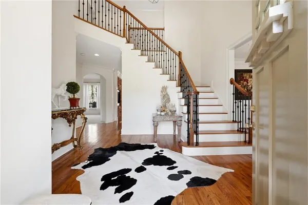 a living room with furniture and a table