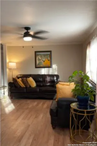 a living room with furniture a potted plant and a fireplace
