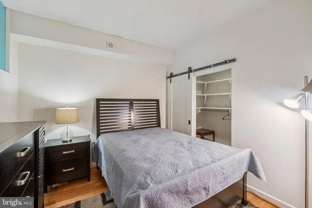 a bedroom with a bed and a closet