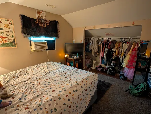 a bedroom with a bed and a walk in closet