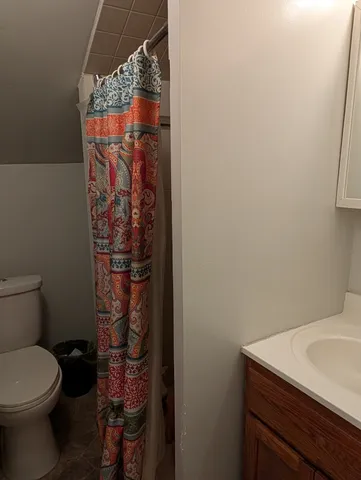 a bathroom with a toilet and a shower curtain
