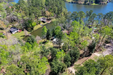 an aerial view of residential houses with outdoor space and trees all around