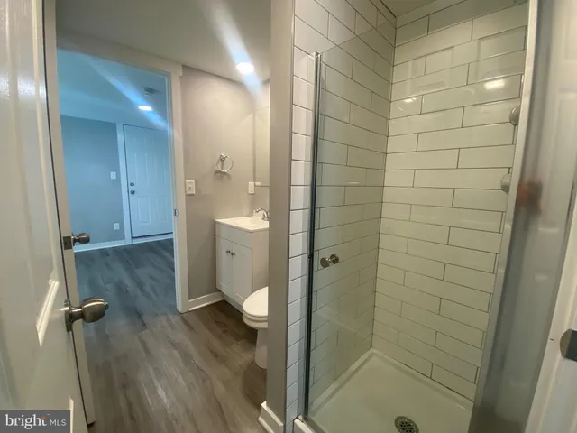 a bathroom with a shower and a toilet