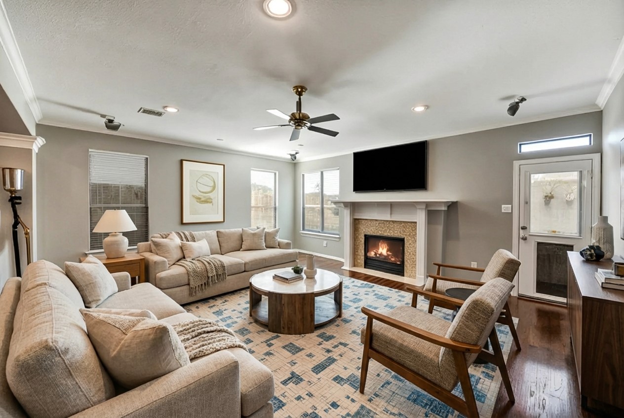 1303 Dorothy Street Houston, TX 77008 - Photo 3 of 21 The living room is spacious with room for large furniture pieces! It has a gas log fireplace, ceiling fan and windows with blinds. Note this photo has been virtually staged.