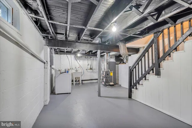 a view of water heater room with stairs