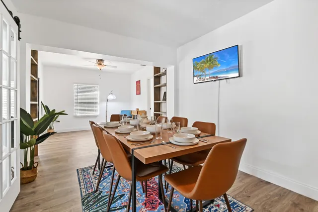 a view of a dining room with furniture
