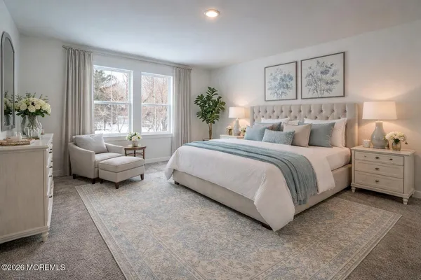 a spacious bedroom with a bed a couch and potted plant on the dresser