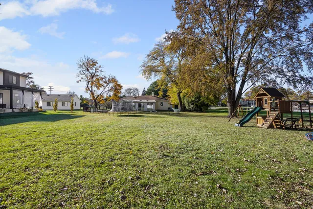a view of a park with large trees