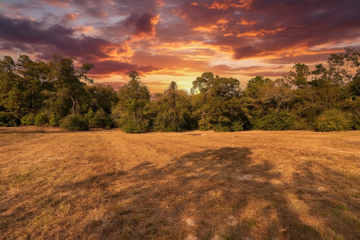 6493 Pappas Road Waller, TX 77484 - Photo 3 of 28 Sunset Backyard view of this expansive lot, offering total privacy from neighbors and highlighting the shade and natural beauty of the 77484 "Texas Forest" environment.