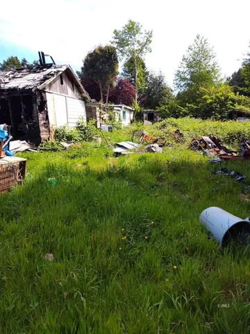 a view of a backyard with wooden fence