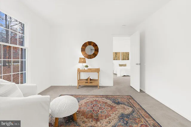 a living room with furniture a rug and a window