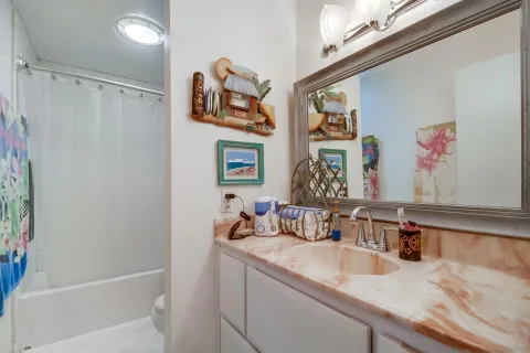 a bathroom with a sink a mirror and a shower