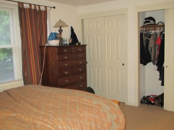 a bedroom with a bed and a closet