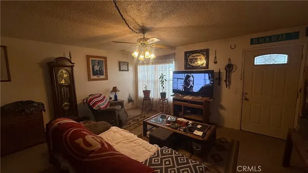 a living room with furniture a rug and a window