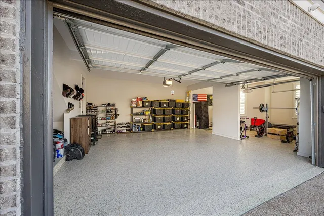 a view of a garage with storage