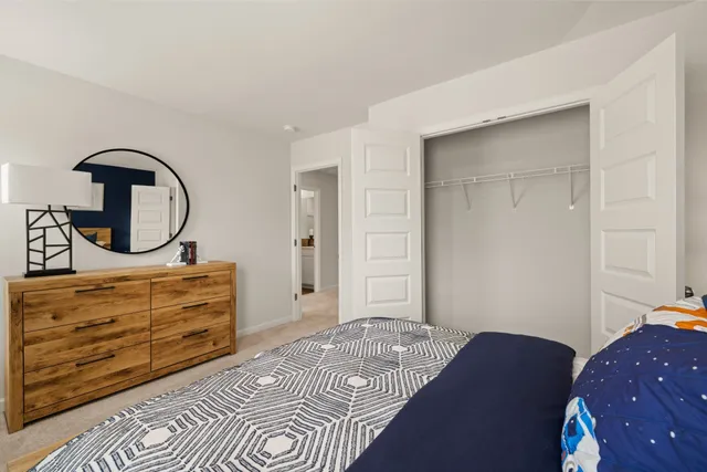 a bedroom with a bed and a closet