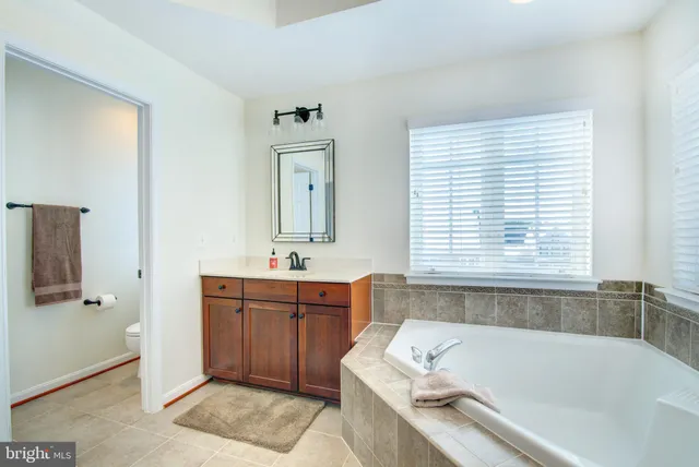 a bathroom with a granite countertop tub sink and mirror
