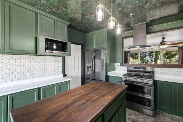 a kitchen with a stove and a microwave