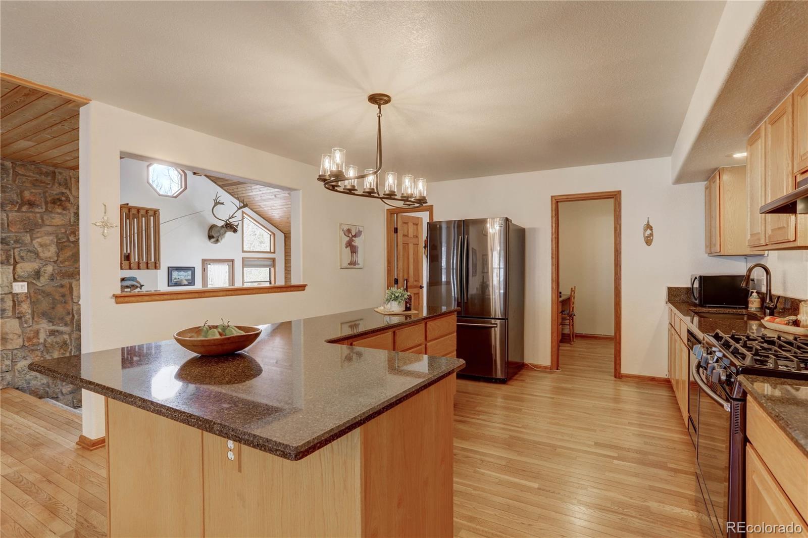 105 Desperado Road Bailey, CO 80421 - Photo 14 of 40 a kitchen with stainless steel appliances granite countertop a sink refrigerator and cabinets