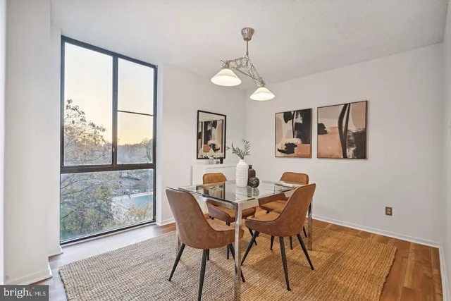a view of a dining room with furniture window and wooden floor