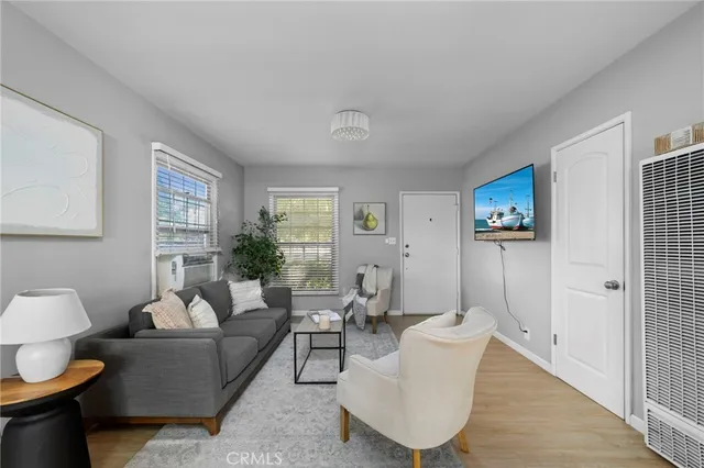 a living room with furniture a rug and a window