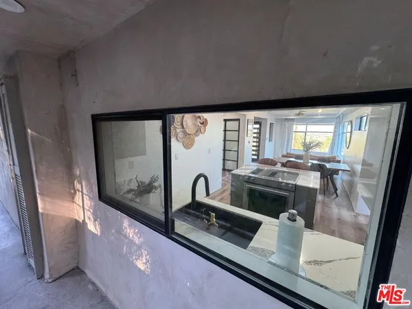 a living room with large window